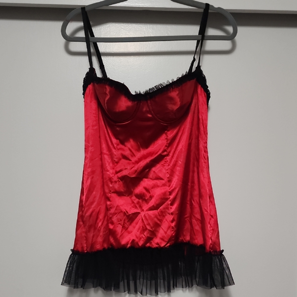 Vintage Frederick’s of Hollywood Red Satin Black Ruffle Fairygrunge Top